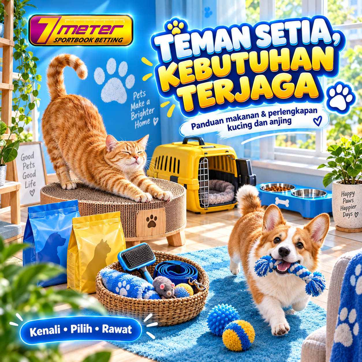 Panduan 7METER: kucing dan anjing di rumah dengan makanan, carrier, tempat menggaruk, dan perlengkapan perawatan